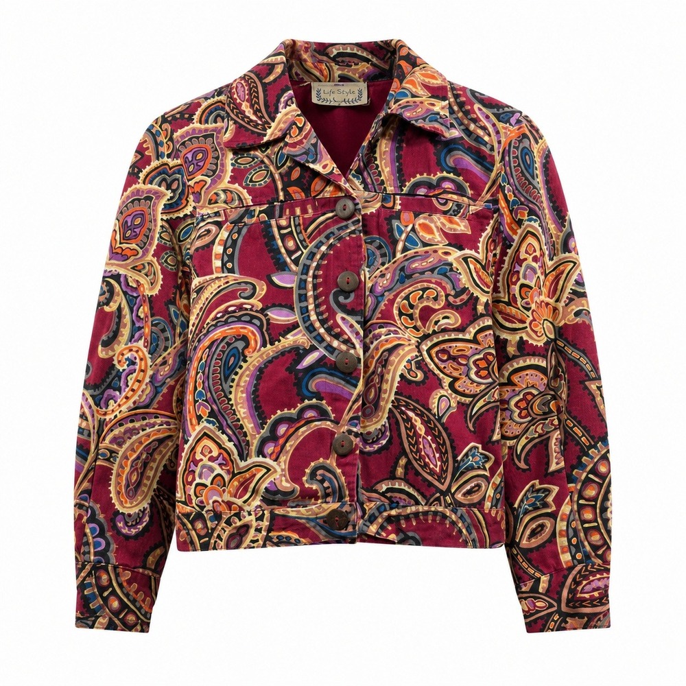 Life Style Paisley Jacket Women S‎ Multicolor Cotton Button Front Boho Vintage